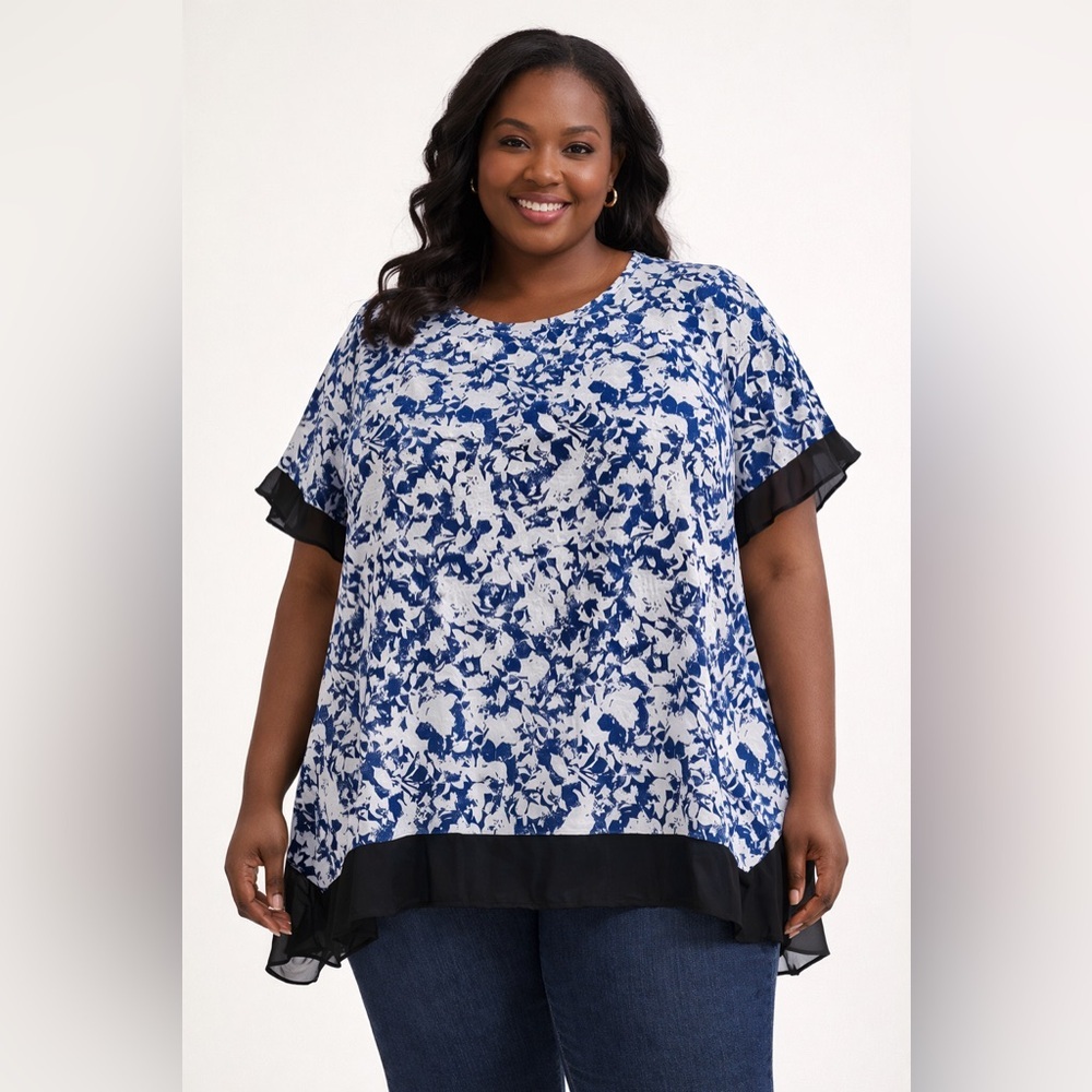 Amana Women's Floral Blouse 2X Navy White Boho Chiffon Ruffle Trim Top NWT